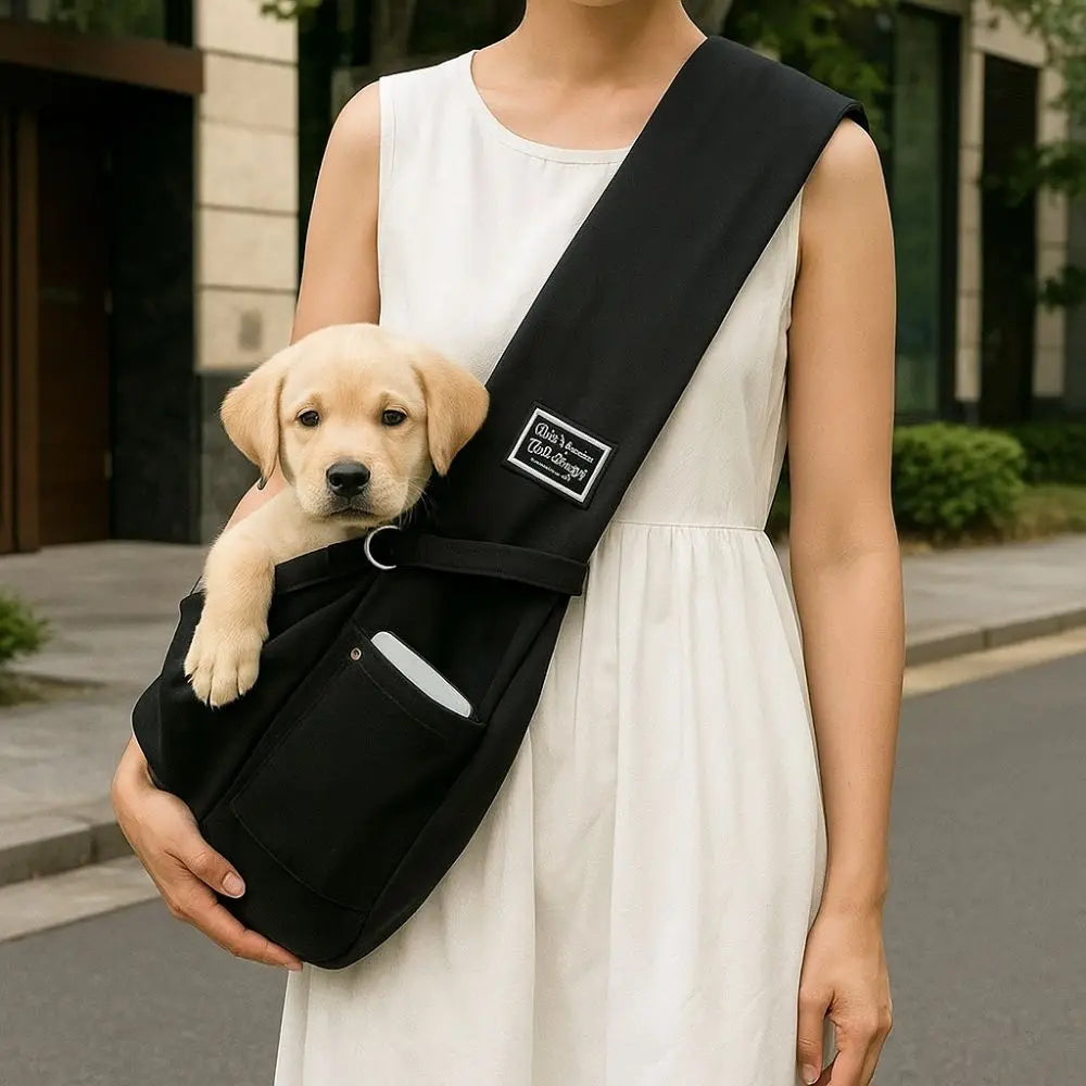 Person holding a black pet sling with a puppy in it, standing on a street.