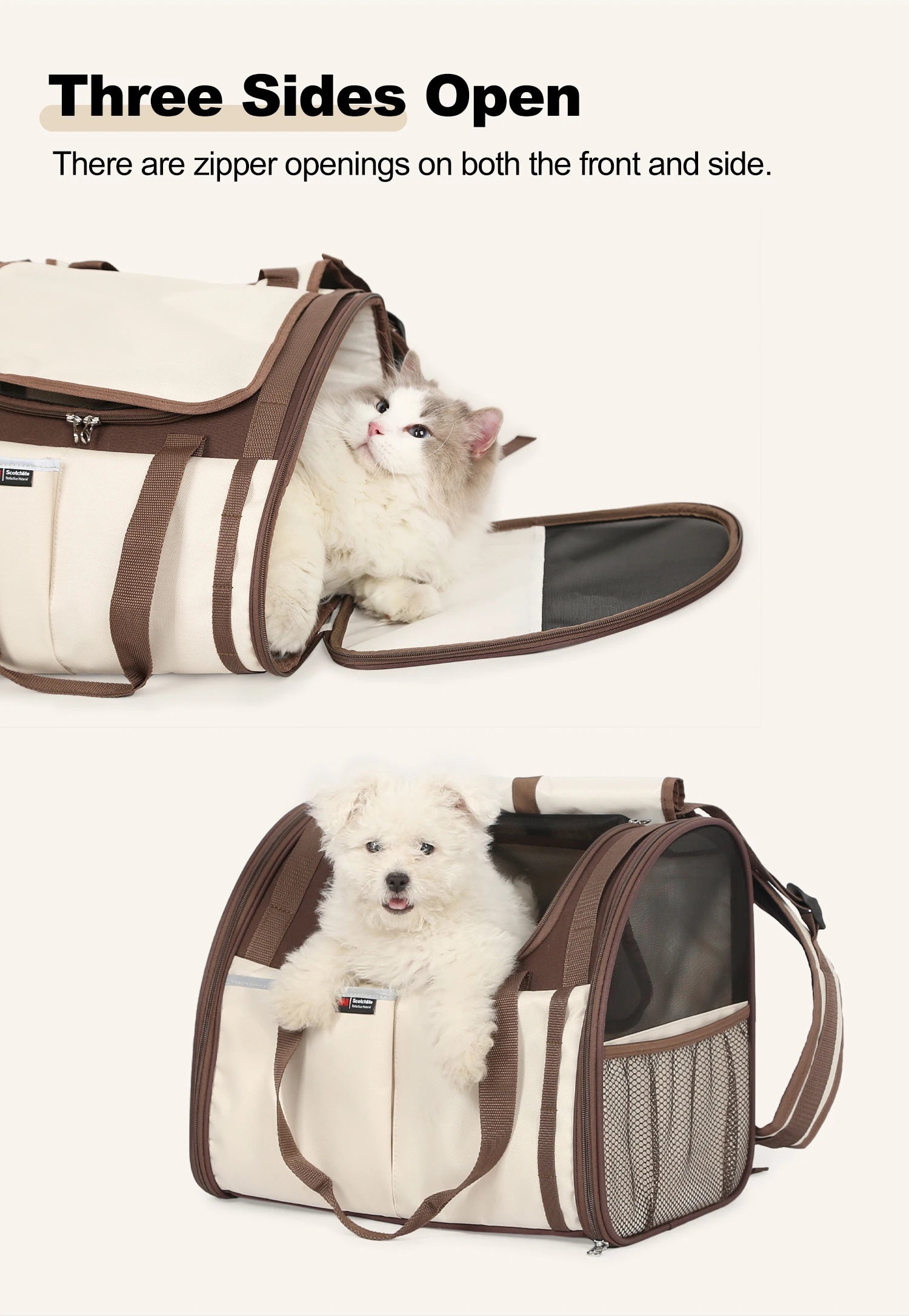 A pet carrier bag shown in two views on a light beige background, with text at the top reading 'Three Sides Open' and 'There are zipper openings on both the front and side.' The top view shows a white cat inside the open bag, and the bottom view shows a small white dog inside the bag.