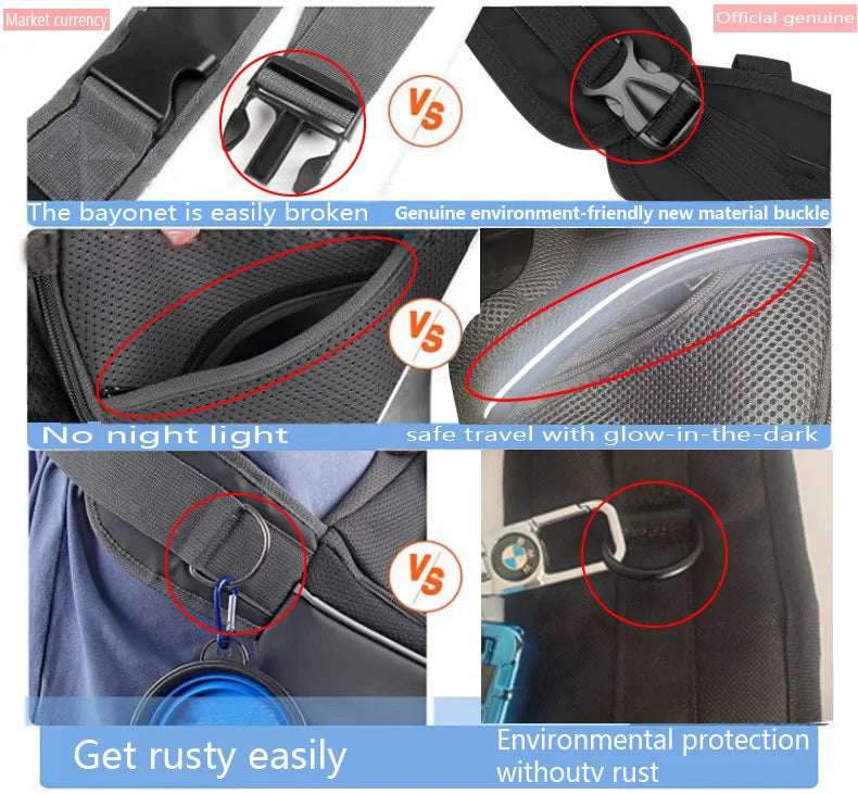 Comparison chart of a backpack's features with highlighted differences.