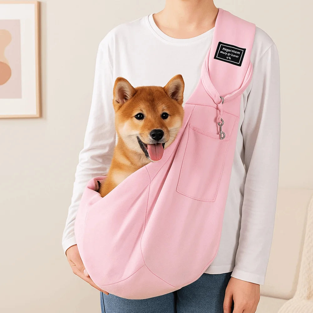 Person holding a pink pet sling with a dog inside, against a neutral background
