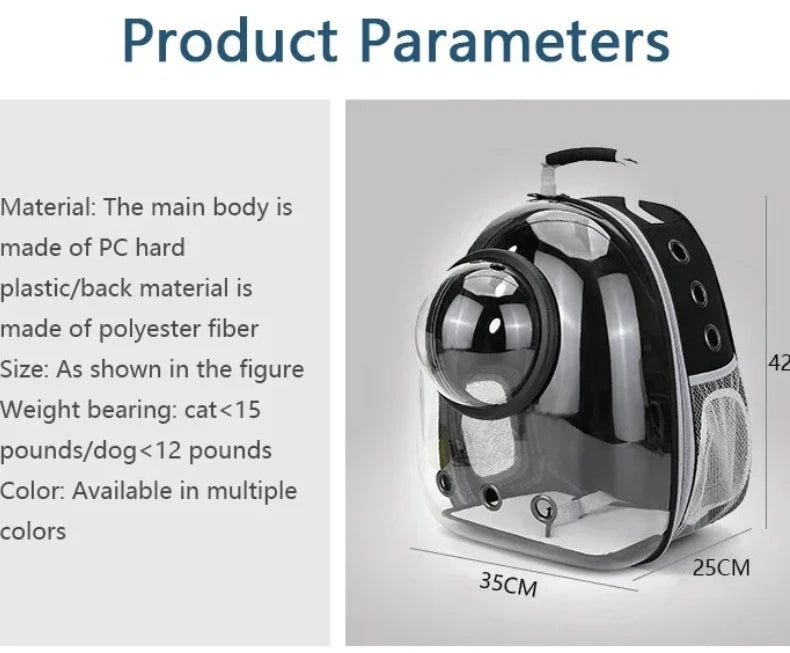 Product parameters diagram showing a pet bubble backpack with dimensions labeled 35CM, 25CM, and 42CM, alongside material and weight details on a light gray background.