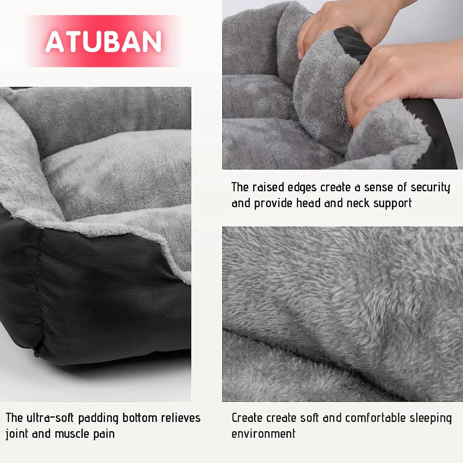 Gray pet bed with raised edges and soft padding, featuring ATUBAN branding.