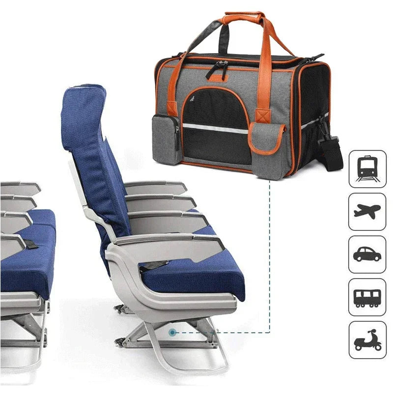 Pet carrier with orange accents next to airplane seats on a white background