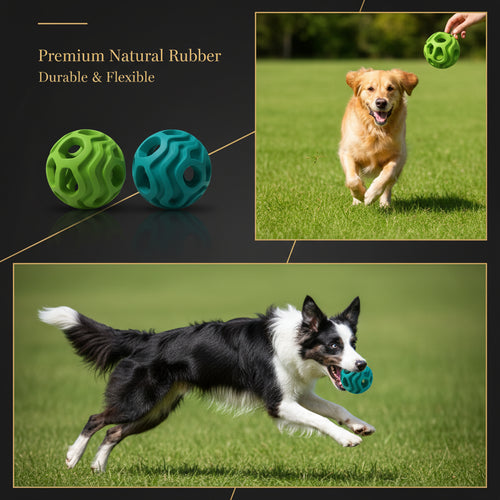 Dog toys with text about durability, outdoor scene  with a toy, and dogs playing.