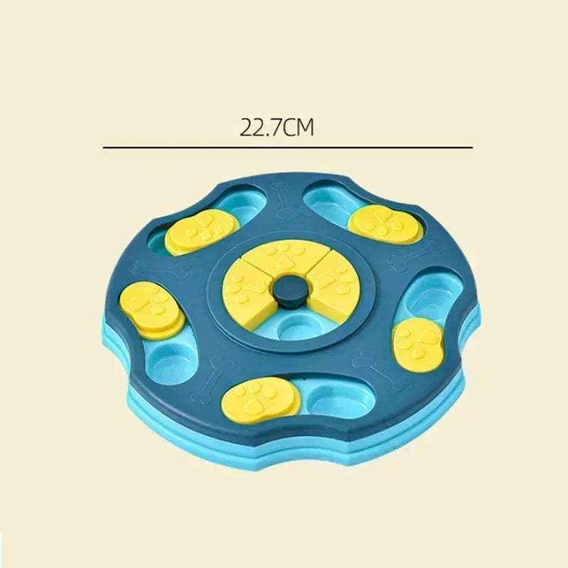 Blue and yellow puzzle toy with measurement label on a beige background