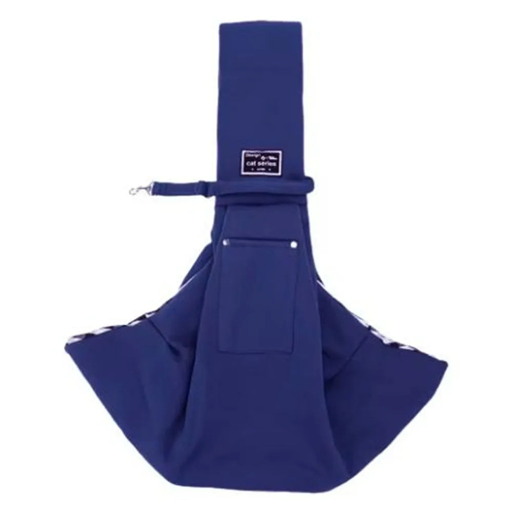 Blue pet sling with a visible brand label on a white background