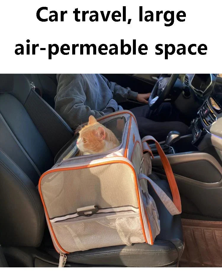 Cat in a pet carrier inside a car with text 'Car travel, large air-permeable space'.