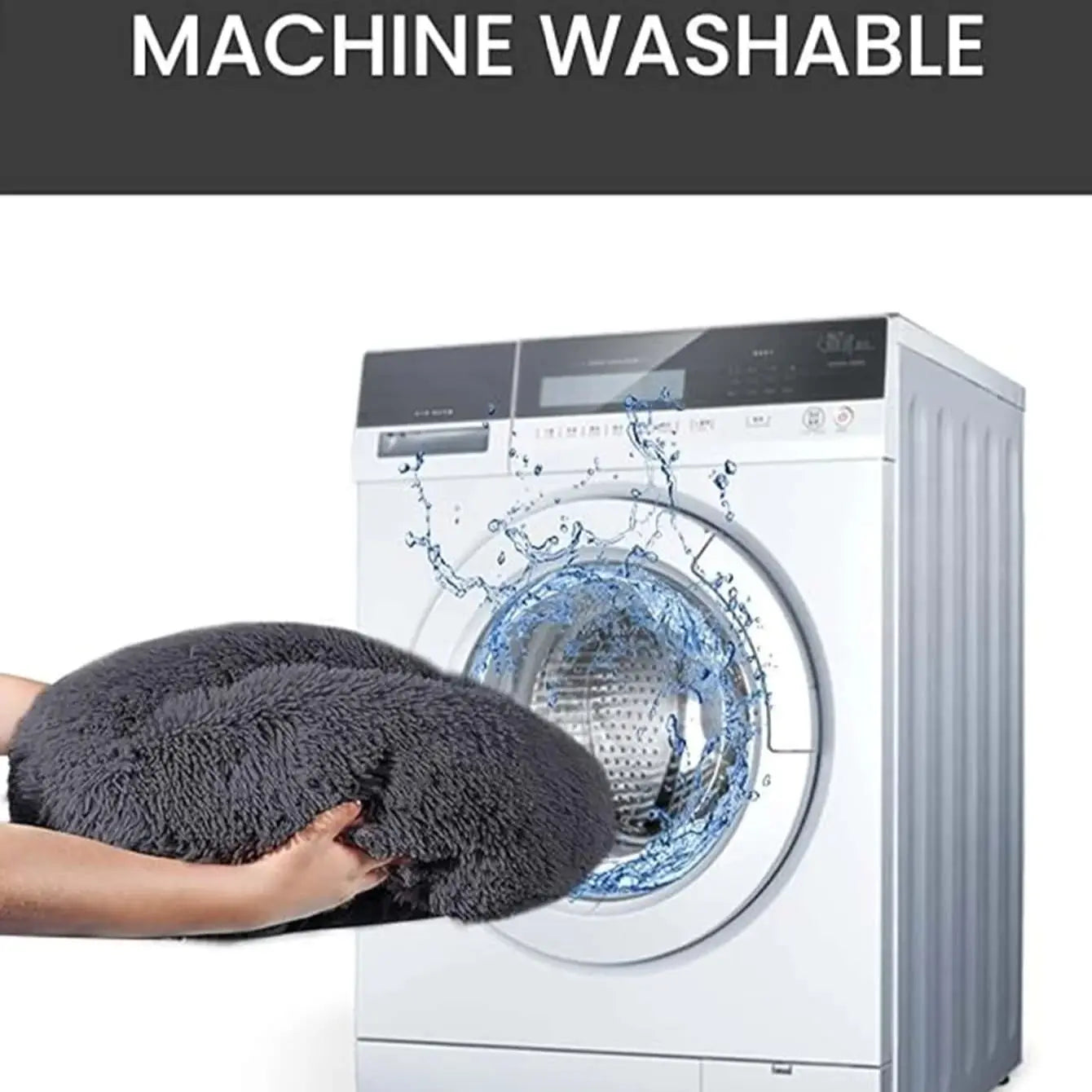 Person holding a gray pillow in front of a washing machine with 'Machine Washable' text above.