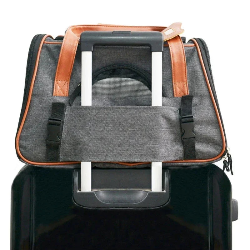 Gray pet carrier with brown accents attached to a black suitcase on a white background