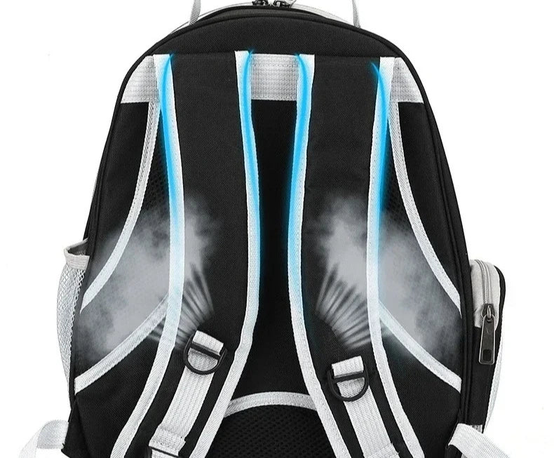Black backpack with white and gray graphic patterns and glowing blue ventilation strip details on the back panel, shown against a plain white background.