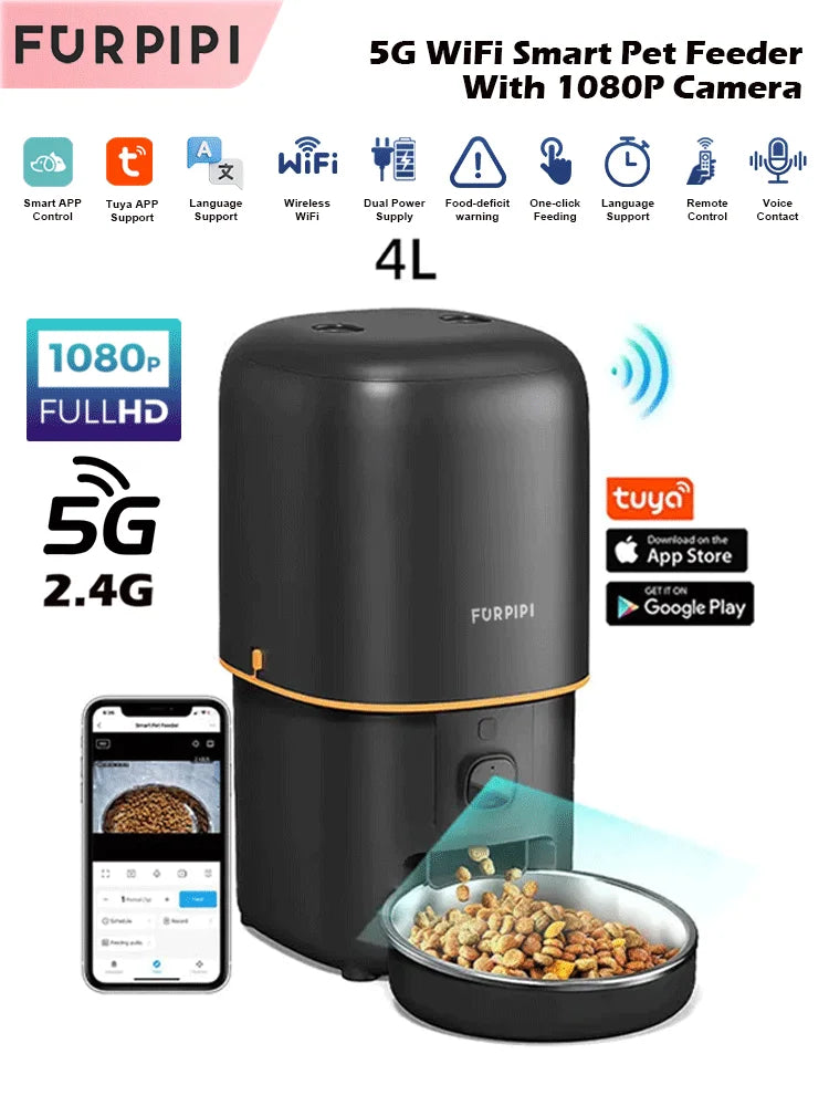 Mangeoire Automatique Connectée avec Caméra HD 1080P pour Chien et Chat – WiFi 2,4G/5G et Contrôle par Application