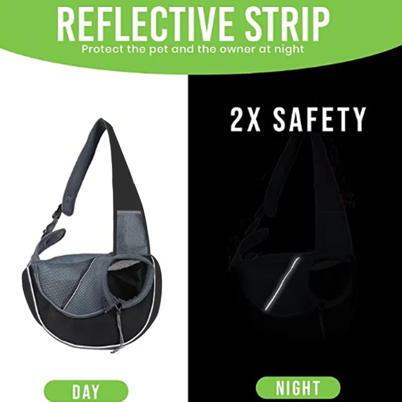 Pet carrier with reflective strip for safety, day and night comparison.