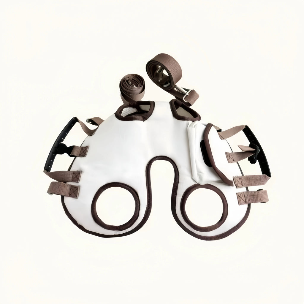 White and brown baby car seat harness on a white background
