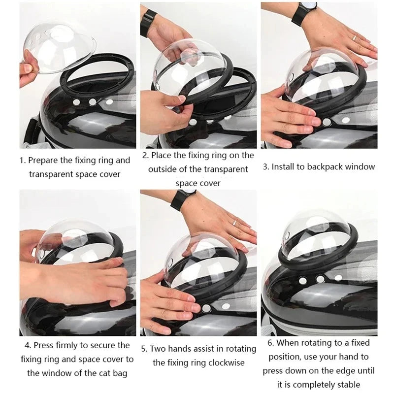 Step-by-step instructions on how to install a transparent space cover on a cat bag.
