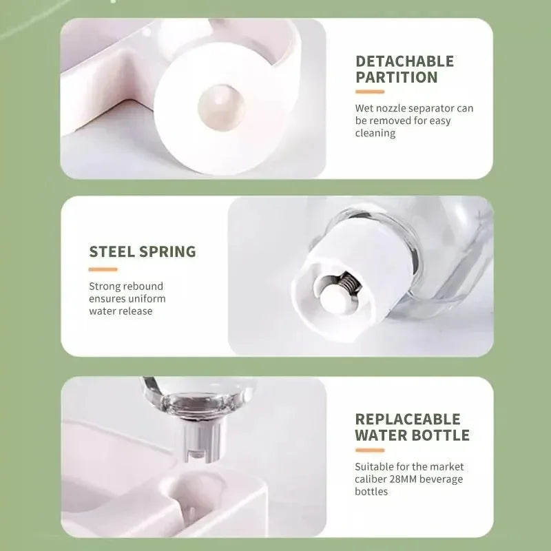 Product features with detachable partition, steel spring, and replaceable water bottle on a green background.